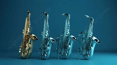 Four Different Colored Saxophones On A Blue Background 3d Render
