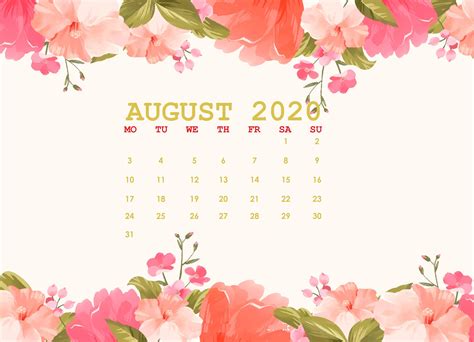 Floral August 2020 Desktop Screensaver Calendar Wallpaper