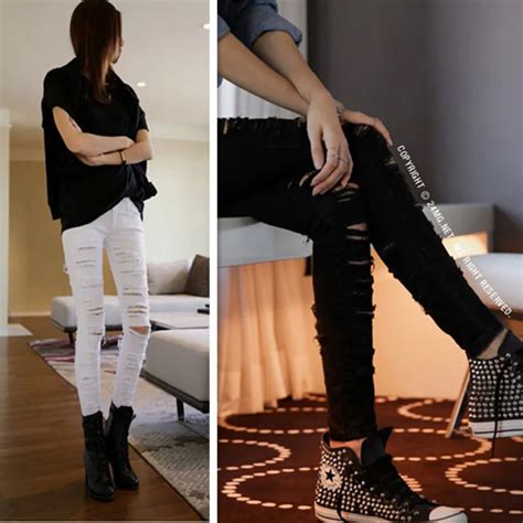 New 2018 Fashion Korean Women S Denim Trousers White Black Ripped Skinny Jeans Lady S Fashion