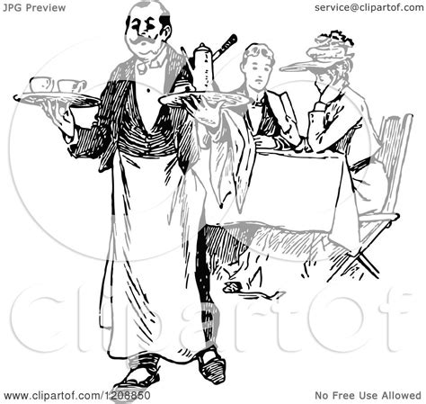 Clipart Of A Vintage Black And White French Waiter And