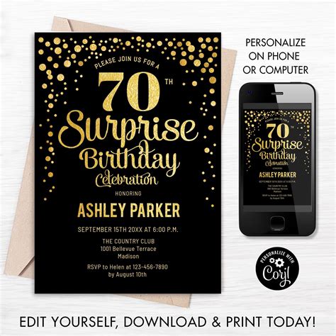 Instant Download 70th Surprise Birthday Invitation Digital Etsy