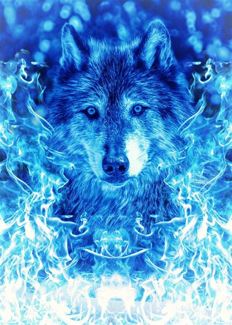 Blue Fire Wolf Poster By Cornel Vlad Displate Wolf Poster Wolf Howling At Moon Wolf Pictures