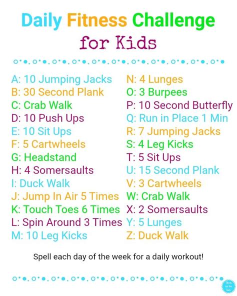 Day Of The Week Workout Physical Activities For Kids Exercise For