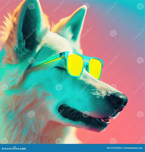 Neon White Party Wolf In Sunglasses Pop Art Style Portrait Stock