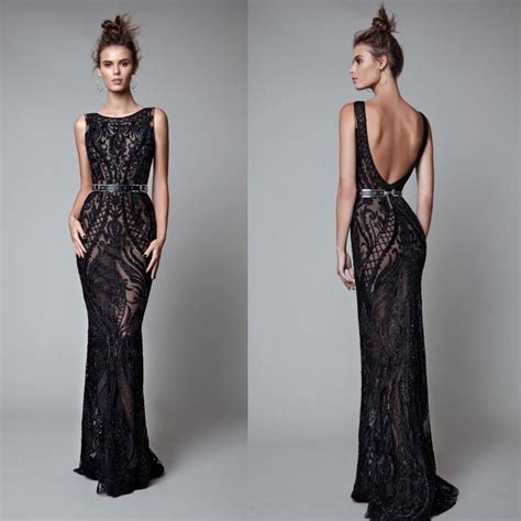 Berta Beading Backless Evening Dresses Black Full Lace Mermaid Prom