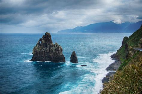 Black Rock In The Ocean And Coastline Of Madeira Island Stock Image