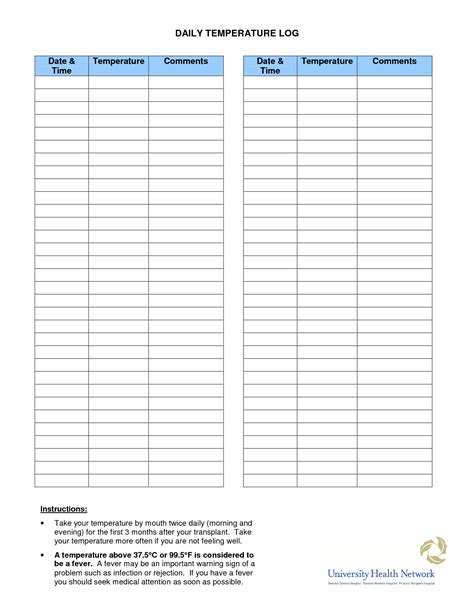 Printable Temperature Log Sheet