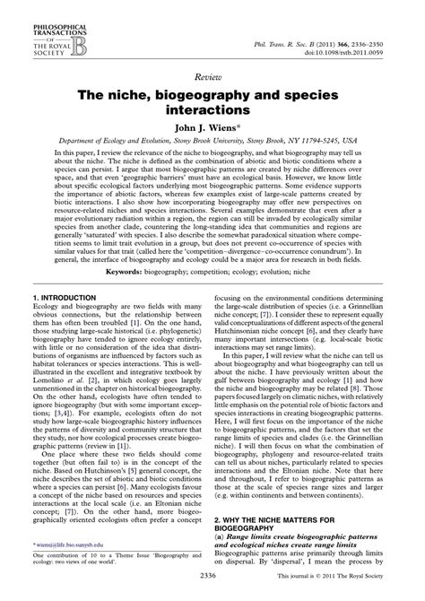 The Niche Biogeography And Species Interactions Request Pdf