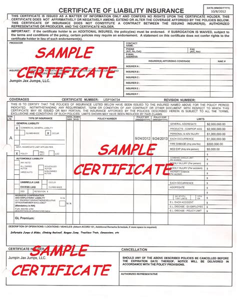 Certificate Holder Insurance Certificates Templates Free