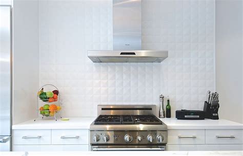 White Ceramic Tile Backsplash In The Kitchen Adds Depth To The Setting Decoist Ceramic Tile