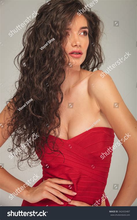 Sexy Busty Model Long Hair Touching Foto Stok Shutterstock