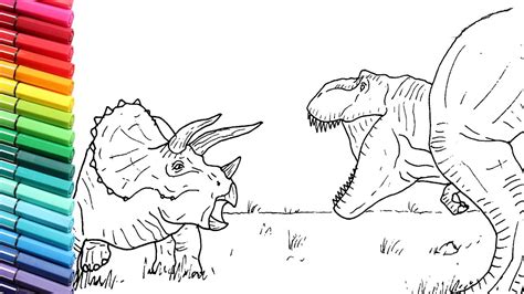 T-Rex VS Triceratops Drawing and Coloring Dinosaurs - How to draw Dino
