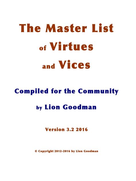 Virtues Vices And Values The Master List 2016 Virtue Wisdom