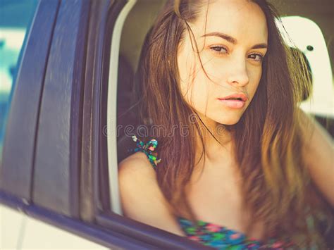 Beautiful Brunette Woman In Car Stock Photo Image Of Carefree Relax