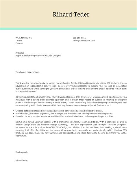 I am a new graduate from the university of sarasota under its hotel and culinary program. Kitchen Designer Cover Letter Example | Kickresume