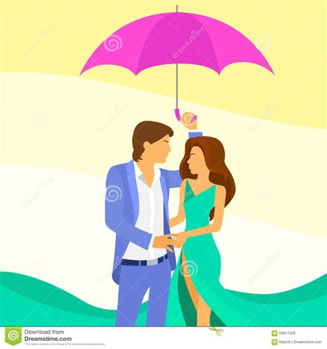 Couple Under Umbrella Together In The Rain They Happy Rainy Sea Vector