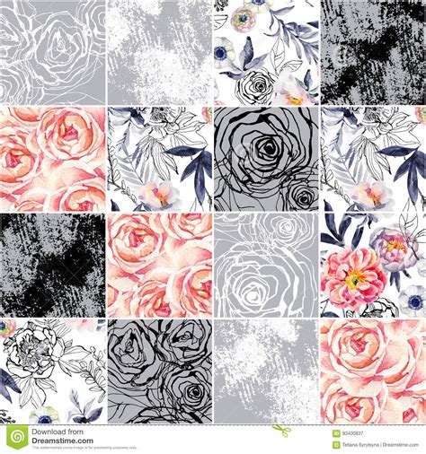 Abstract Squares Seamless Pattern Watercolor Ink Doodle Flowers