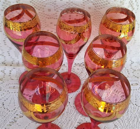 7 Vintage Pink Rose Cranberry Crystal Wine Glasses Heavy Gold Swag Trim Stemware Crystal Wine