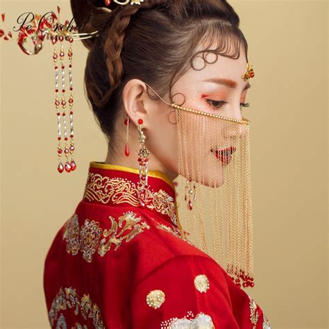 Peorchid Chinese Beads Brides Forehead Jewelry Long Tassel Curtain Facial Mask Hanfu Hair