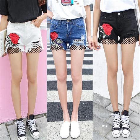 vintage floral embroidered shorts women rose flower embroidery shorts elastic high waisted denim