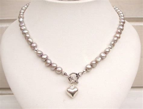 Silver Grey Freshwater Pearl Necklace Sterling Silver Hammer Etsy