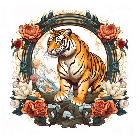 A Retro Illustration Of Prowling Tiger Composition With Art Nouveau