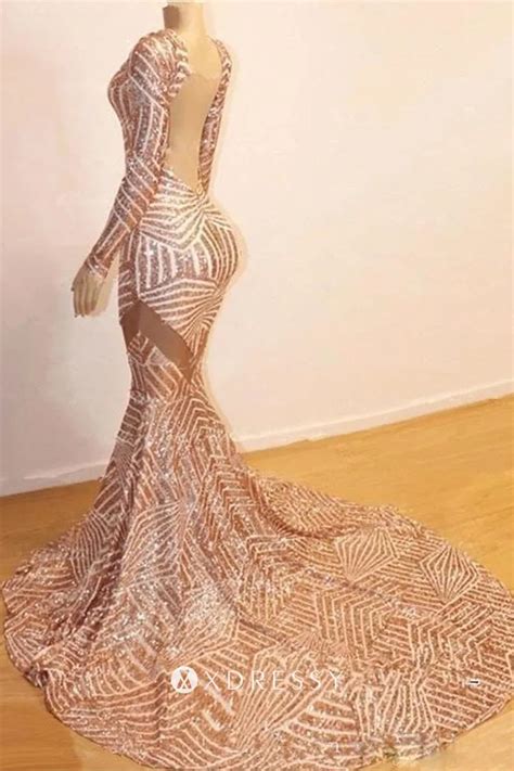 Rose Gold Sequin Long Sleeve Mermaid Prom Dress Xdressy