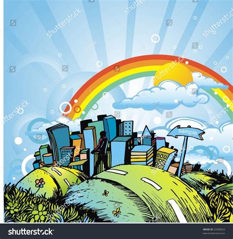 City Under The Rainbow And Sunshineillustration 23508322 Shutterstock