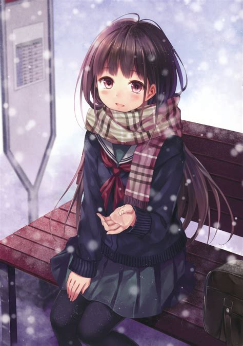 Anime Girl Original Snow Winter Beauty Babe Uniform Wallpapers HD Desktop And Mobile