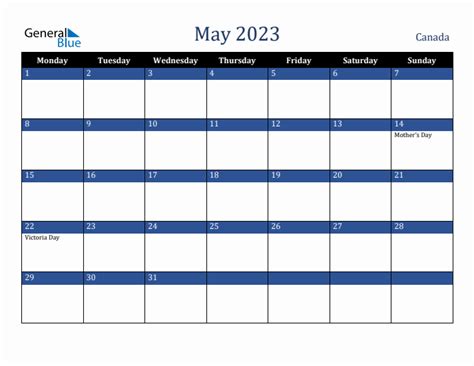May 2023 Canada Monthly Calendar With Holidays