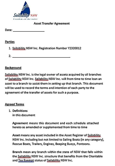 Asset Agreement Sample Template Sample Asset Transfer Agreement