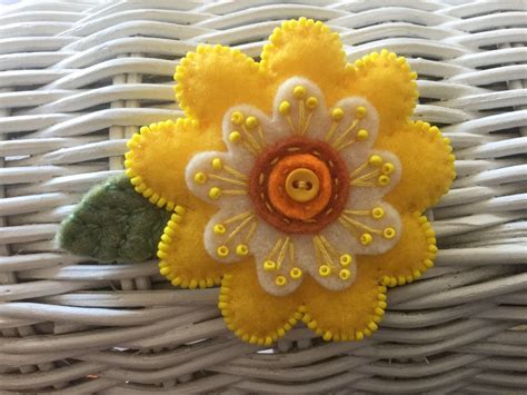 Lynn Brooch Flower Felt Bright Sunny Yellow And White Embellished