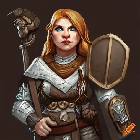 a dandd character design of a female dwarven forge cleric wielding a warhammer in one hand and a