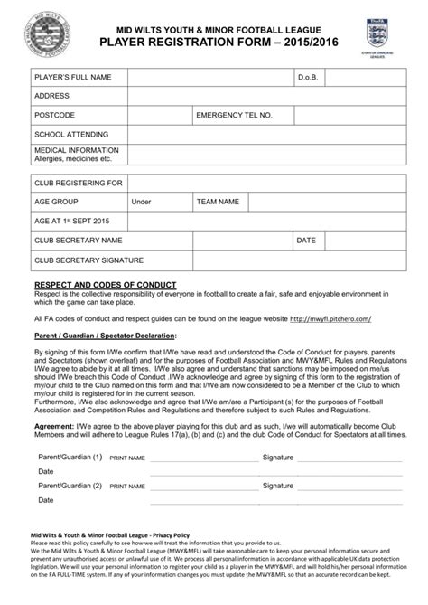 Soccer Registration Form Template Word