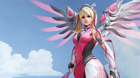 Hd Wallpaper Mercy Overwatch Pink Wings Blonde Anime Girls Sky