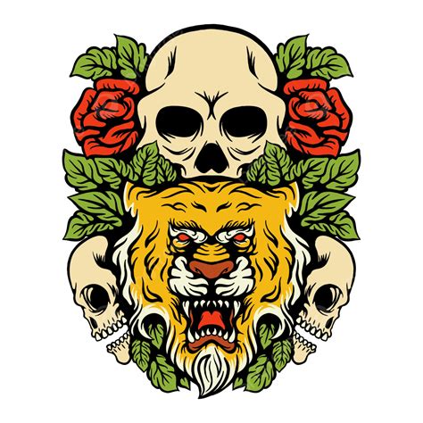 Illustration Of Tiger Skull And Rose Vector Illustration Tiger Skull Png And Vector With
