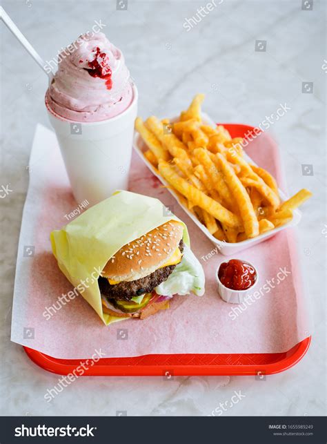 Classic Diner Food Milkshake Fries Hamburger Stock Photo 1655989249