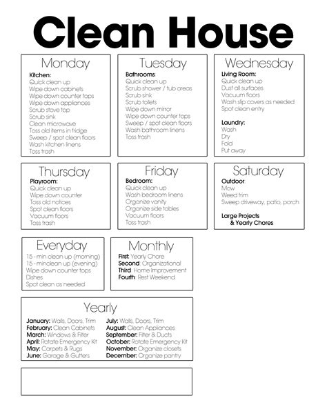 Clean House Schedule Printable