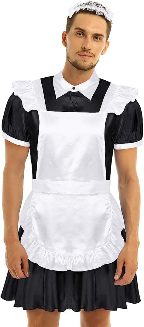 Doomiva Adult Mens Frilly Satin Dress Sissy French Maid Uniform Puff