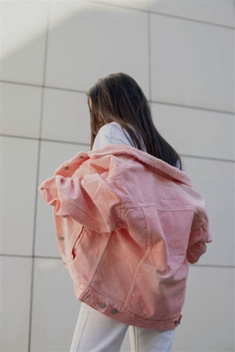 oversized shearling denim jacket woman color pink size s the shearline