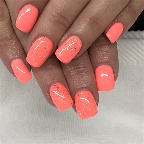 Bright Summer Coral Glitter Gel Nails Light Elegance Tailgator And Mango Crush Coral Gel Nails