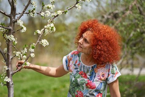 Redhead Curly Haired Woman In An Orchard Stock Image Image Of Bloom