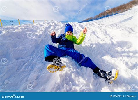 Child Having Fun At Snowy Hill Stock Photo Image Of Smile Happy