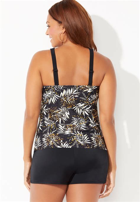 High Neck Tankini Set With Banded Short Neutral Palm Black Woman