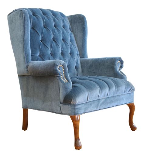 Vintage Blue Navy Tufted Velvet Wingback Chair | Chairish