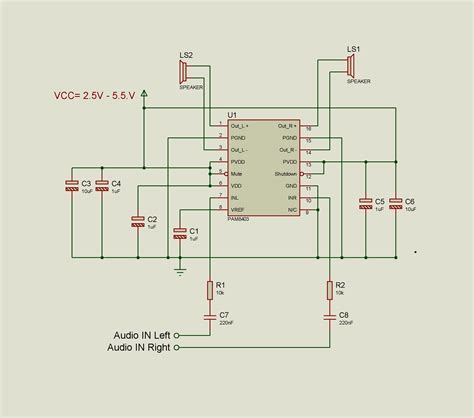 It shows the components of the circuit as simplified shapes, and the capacity and signal links along with the devices. Volume Control of PAM8403 Audio Amplifier