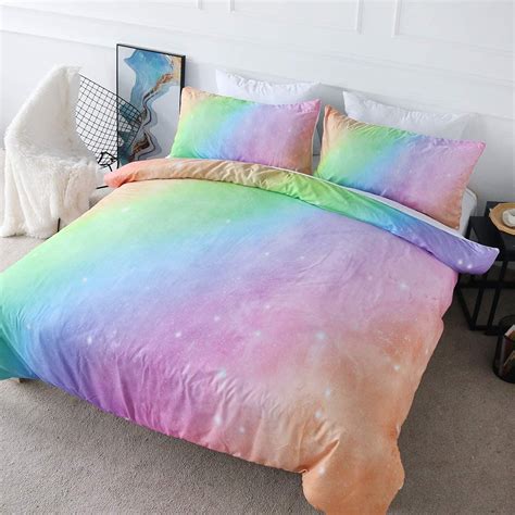 Blessliving Girly Duvet Cover Rainbow Glitter Ombre Bedding Sets 3 Pcs Chic Unicorn Pink Purple