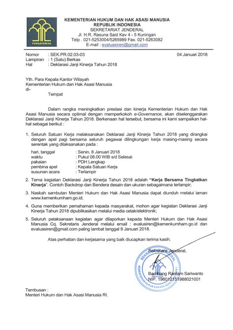 Bagi anda yang membutuhkan contoh surat lamaran cpns kementerian hukum dan hak asasi manusia dengan ini menyampaikan surat lamaran dan dokumen persyaratan agar dapat diterima sebagai calon pegawai negeri sipil di kementerian hukum dan ham tahun anggaran 2019. Deklarasi Janji Kinerja 2018 - Kementerian Hukum dan Hak Asasi Manusia Republik Indonesia