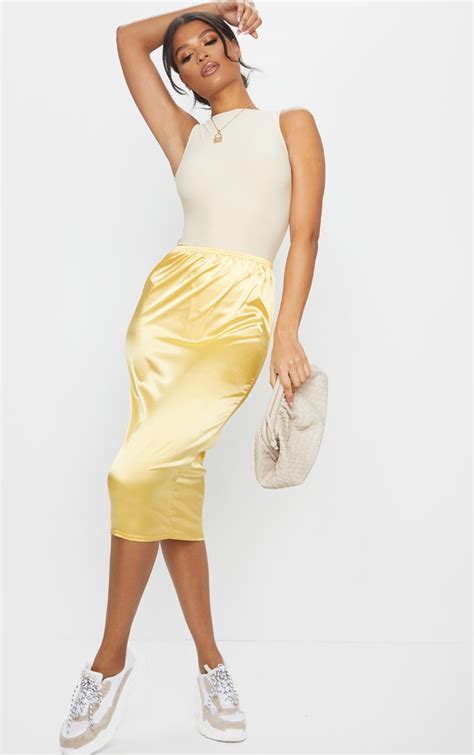 Golden Yellow Satin Midi Skirt Skirts Prettylittlething Usa