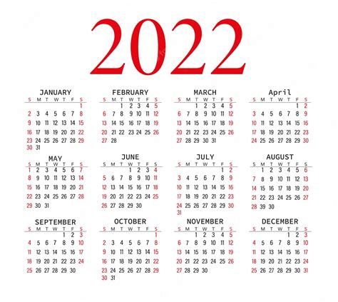 Calendario 2022 Blanco Y Negro Con Rojo Calendario De Oficina Gráficos